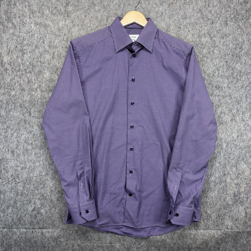 Eton Contrmporary Button Up Shirt Plaid Men's Medium Long Sleeve Purple Cotton